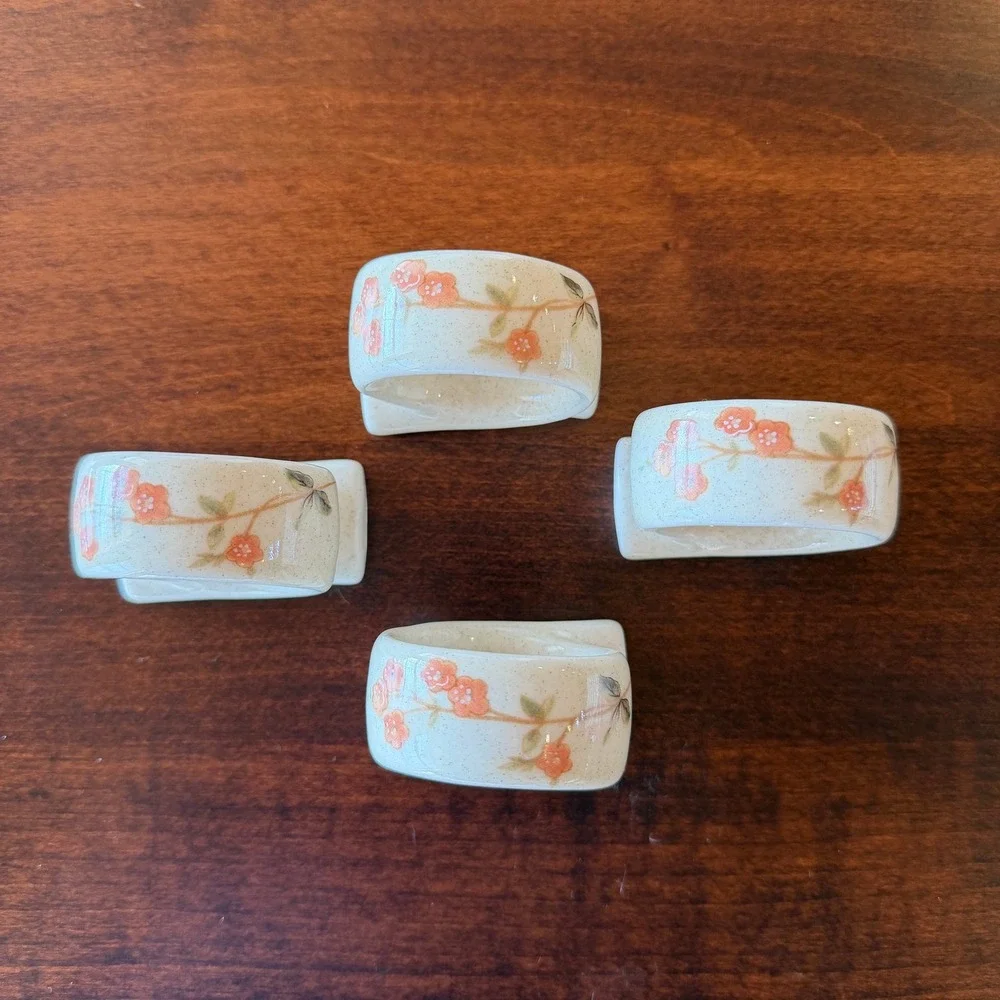 Vintage Mikasa Ceramic Napkin Rings Set of 4 Speckled Floral Peach Blossom
